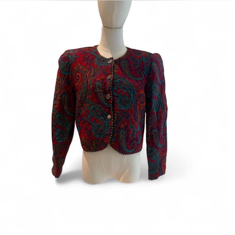 Paisley Cropped Button-Front Jacket in Red & Teal